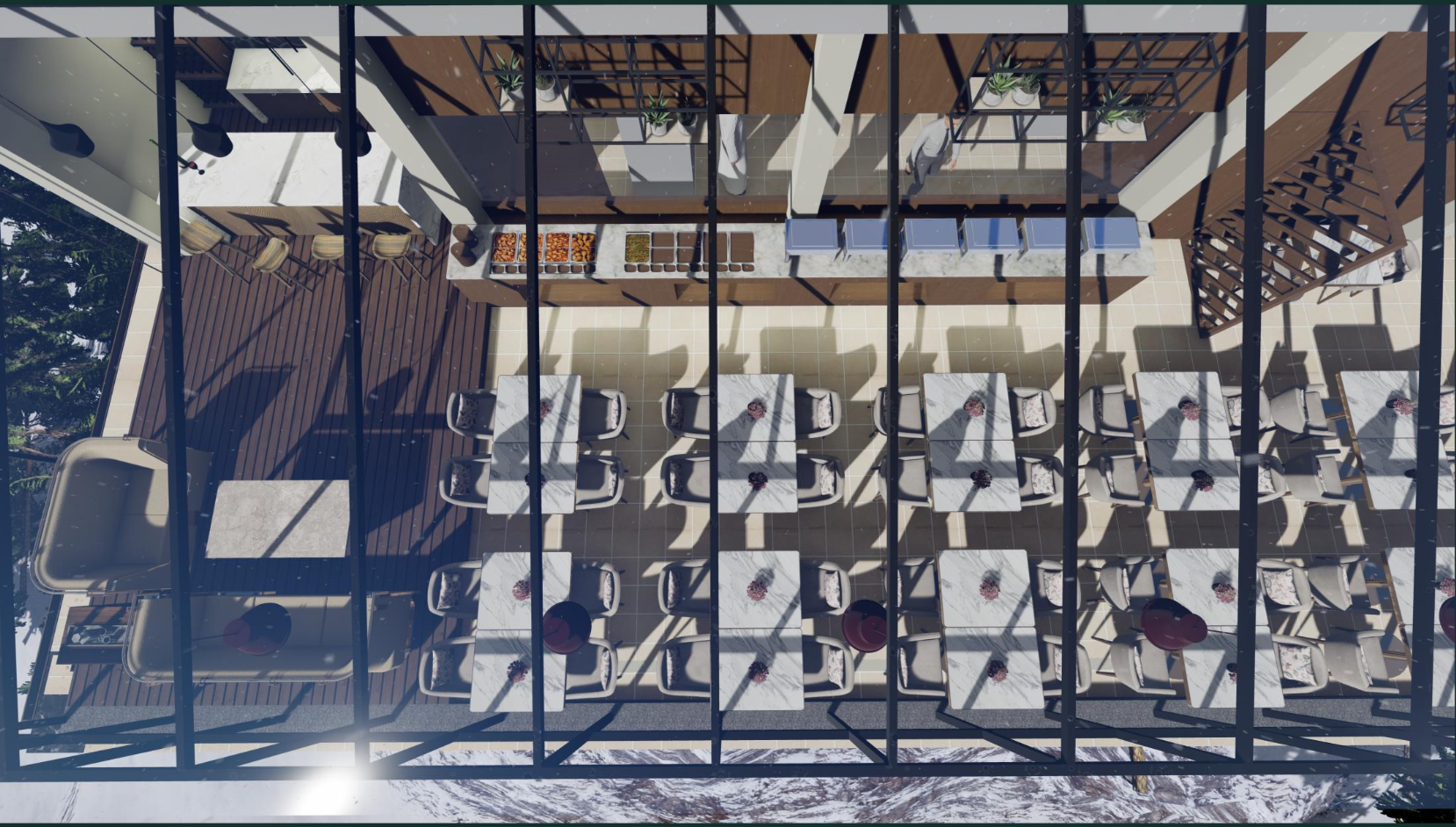 Top view render of the restaurant for the 5 star hotel in Kufri